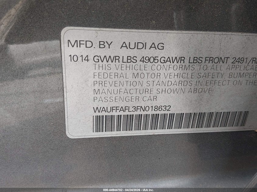 2015 Audi A4 VIN WAUFFAFL3FN018632 IAAI salvage auction — FRONT END, Salvage (New Jersey), sold $2,225 on 2026-08-01 (photo 9)
