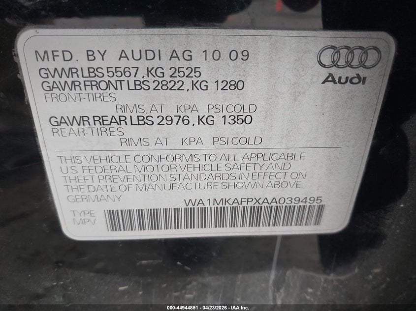 2010 Audi Q5 VIN WA1MKAFPXAA039495 IAAI salvage auction — FRONT END, Clear (Montana), sold $25 on 2026-07-29 (photo 9)