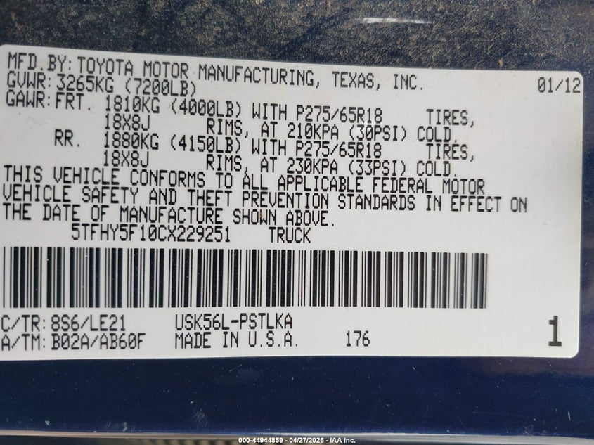2012 Toyota Tundra VIN 5TFHY5F10CX229251 IAAI salvage auction — LEFT FRONT, Clear (Wyoming), sold $4,300 on 2026-07-15 (photo 9)