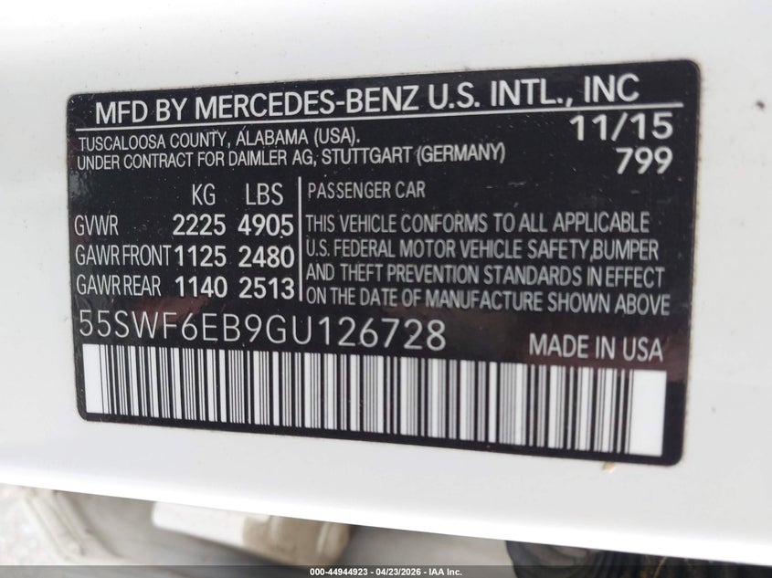 2016 Mercedes-benz C-klasse amg VIN 55SWF6EB9GU126728 IAAI salvage auction — FRONT END, Salvage Title, sold $11,650 on 2026-07-16 (photo 9)