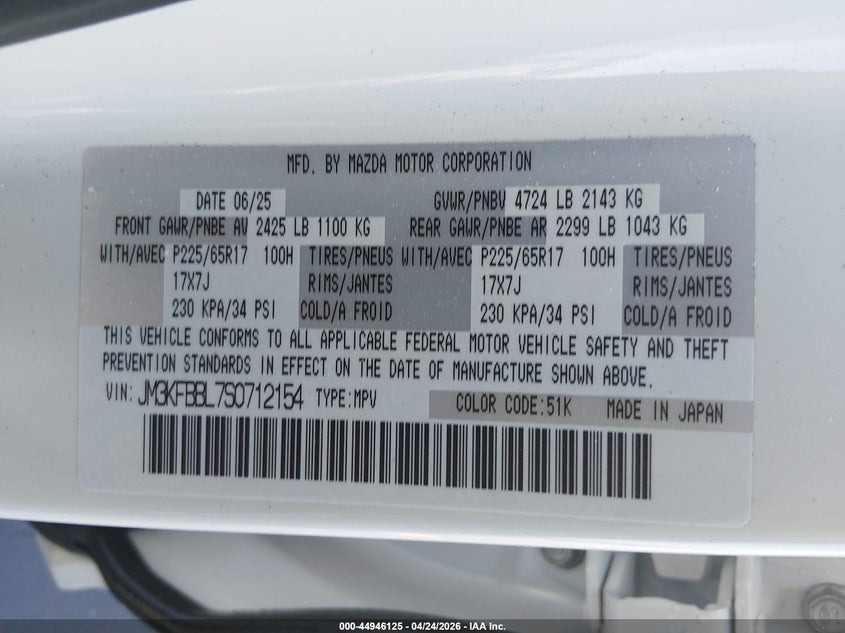 2025 Mazda Cx-5 VIN JM3KFBBL7S0712154 IAAI salvage auction — REAR END, Salvage (North Carolina), sold $9,800 on 2026-07-08 (photo 9)