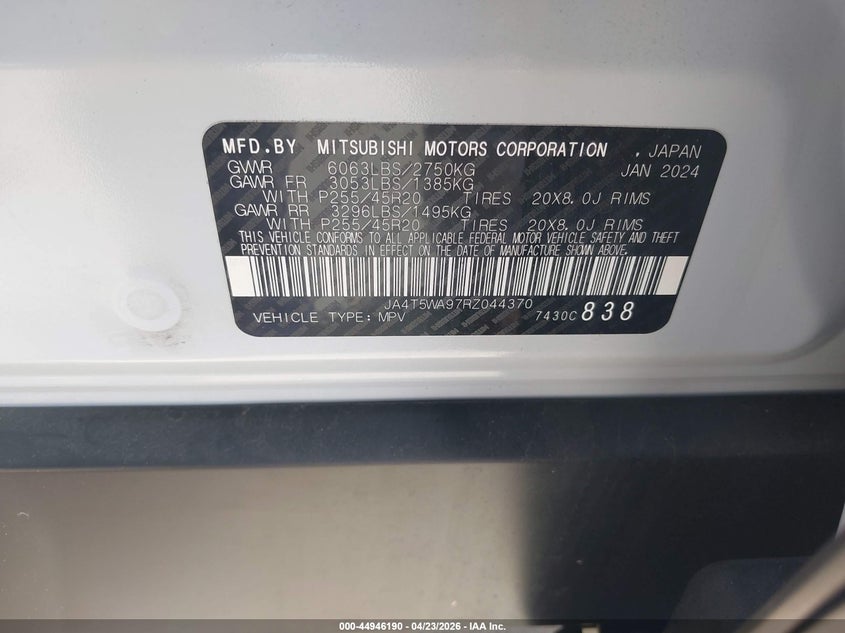 2024 Mitsubishi Outlander VIN JA4T5WA97RZ044370 IAAI salvage auction — FRONT END, Salvage Title, sold $14,950 on 2026-07-10 (photo 9)
