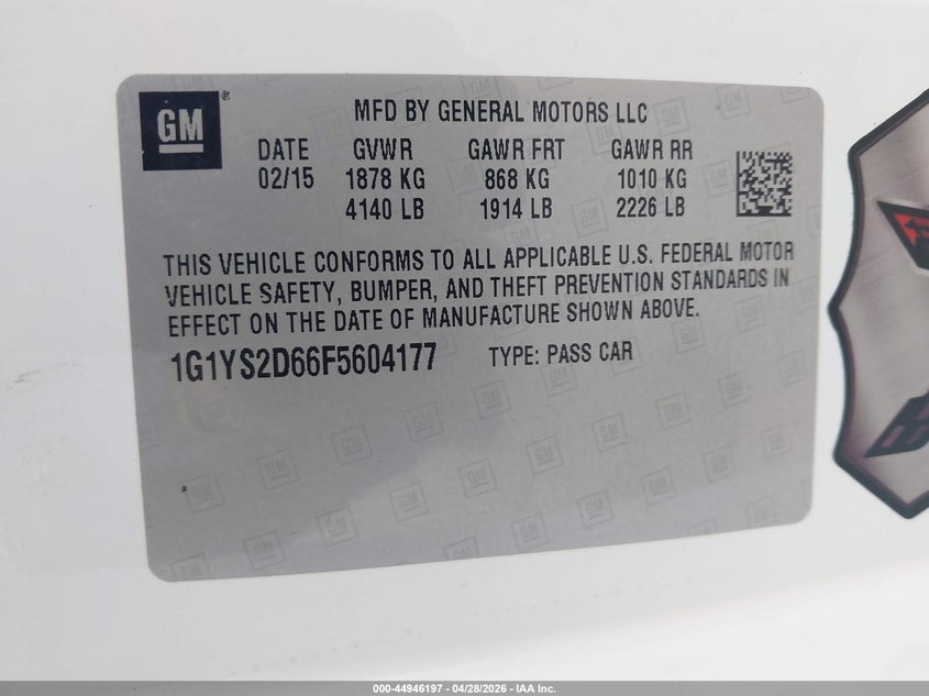 2015 Chevrolet Corvette VIN 1G1YS2D66F5604177 IAAI salvage auction — REAR END, Original (Texas), sold $23,600 on 2026-08-01 (photo 9)