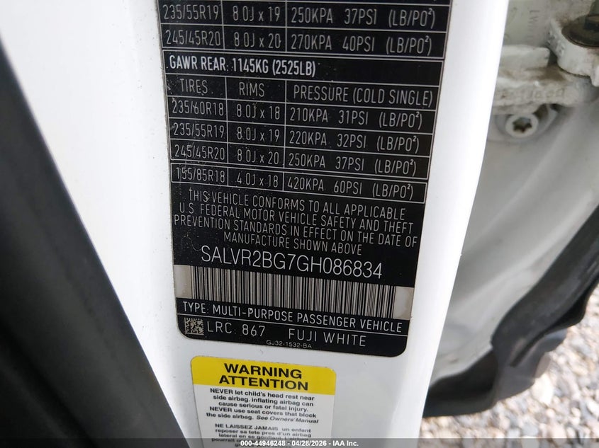 2016 Land rover Range rover evoque VIN SALVR2BG7GH086834 IAAI salvage auction — ROOF, Salvage Title, sold $1,950 on 2026-07-19 (photo 9)