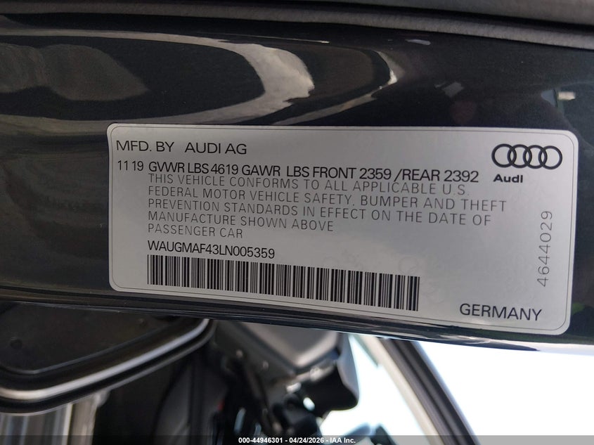 2020 Audi A4 VIN WAUGMAF43LN005359 IAAI salvage auction — REAR END, Original (Texas), sold $6,100 on 2026-07-17 (photo 9)