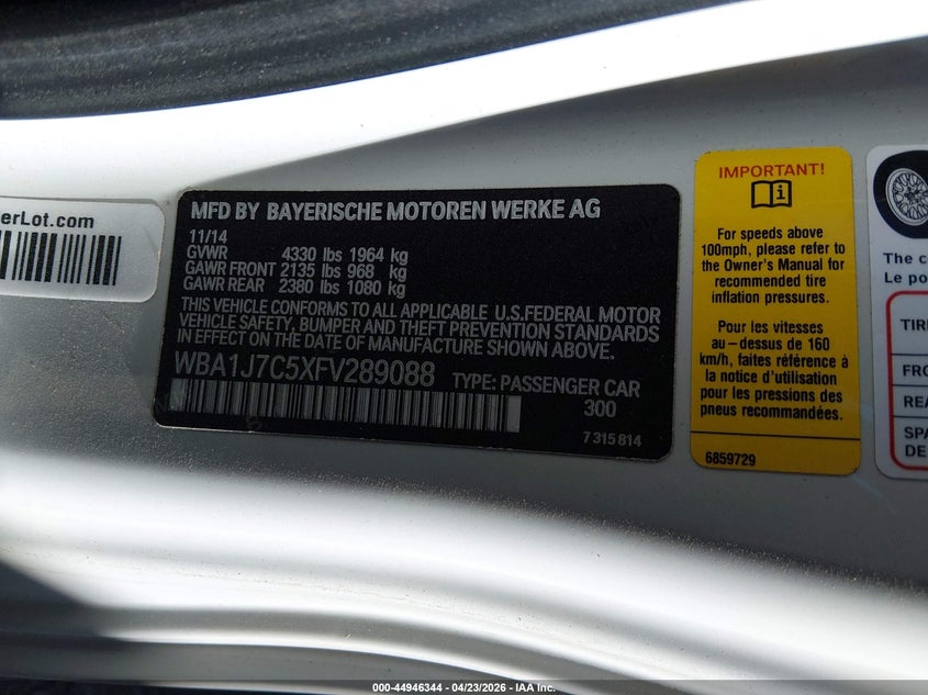 2015 BMW 2er VIN WBA1J7C5XFV289088 IAAI salvage auction — REAR END, Salvage Title, sold $10,550 on 2026-07-24 (photo 9)