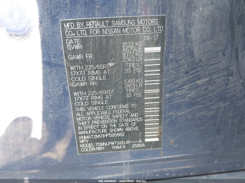 2017 Nissan Rogue VIN KNMAT2MV1HP595862 IAAI salvage auction — FRONT END, Salvage Title, sold $775 on 2026-07-14 (photo 9)