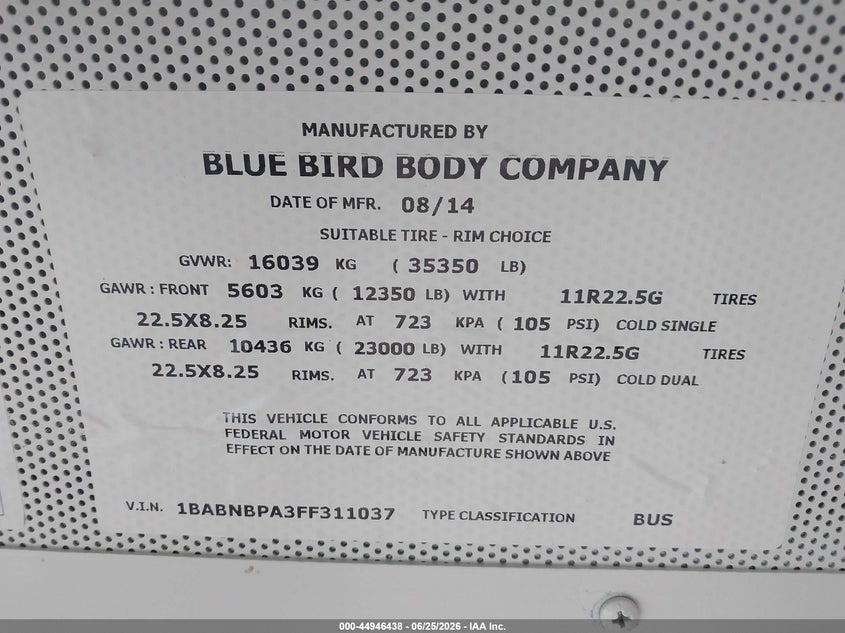2015 Blue bird School bus / transit bus VIN 1BABNBPA3FF311037 IAAI salvage auction — NORMAL WEAR, SF97 (North Dakota), sold $2,550 on 2026-07-09 (photo 9)