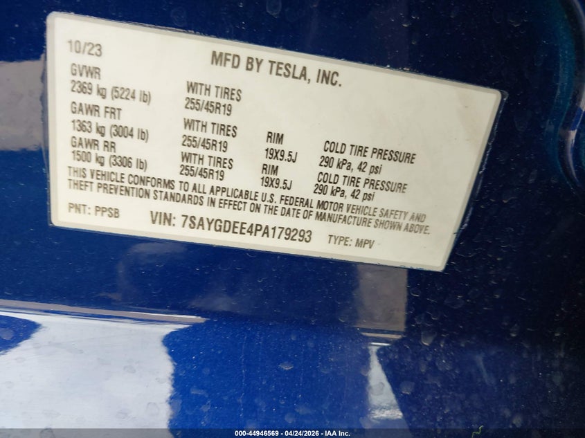 2023 Tesla Model y VIN 7SAYGDEE4PA179293 IAAI salvage auction — FRONT END, Original (Texas), sold $9,000 on 2026-07-23 (photo 9)