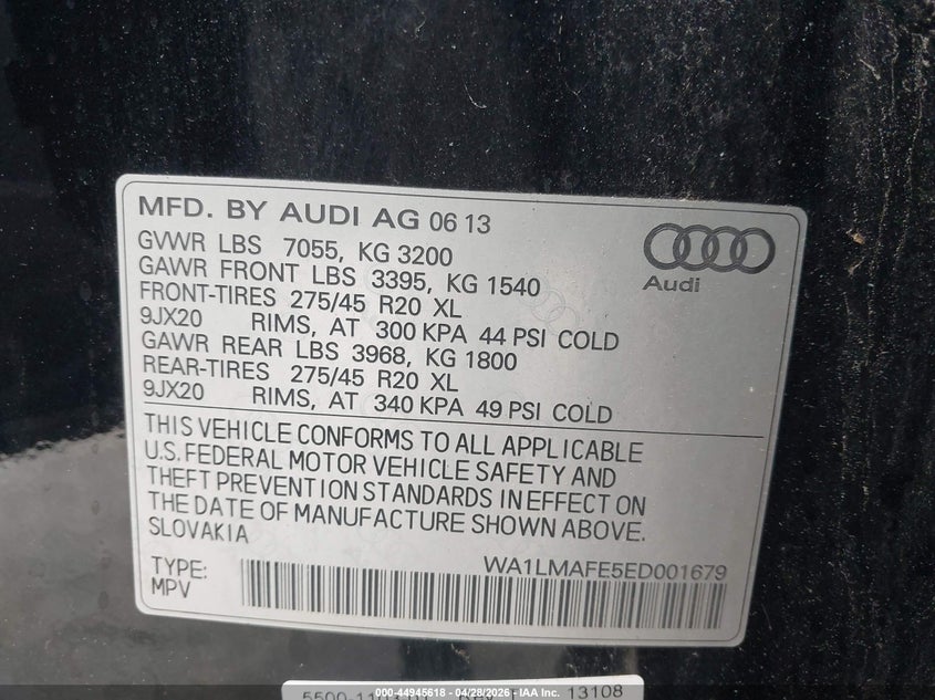 2014 Audi Q7 VIN WA1LMAFE5ED001679 IAAI salvage auction — FRONT END, Salvage - Greater Than 75% (Maryland), sold $425 on 2026-07-16 (photo 9)