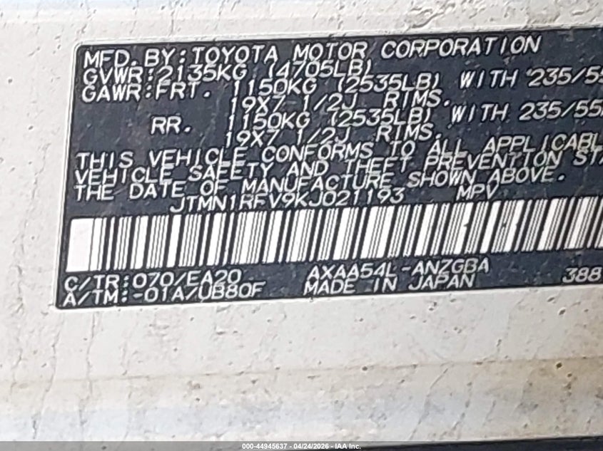 2019 Toyota Rav 4 VIN JTMN1RFV9KJ021193 IAAI salvage auction — FRONT END, Salvage Title, sold $5,600 on 2026-07-25 (photo 9)