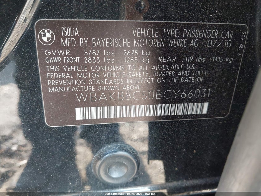 2011 BMW 7 series VIN WBAKB8C50BCY66031 IAAI salvage auction — FRONT END, Salvage (Georgia), sold $675 on 2026-07-22 (photo 9)