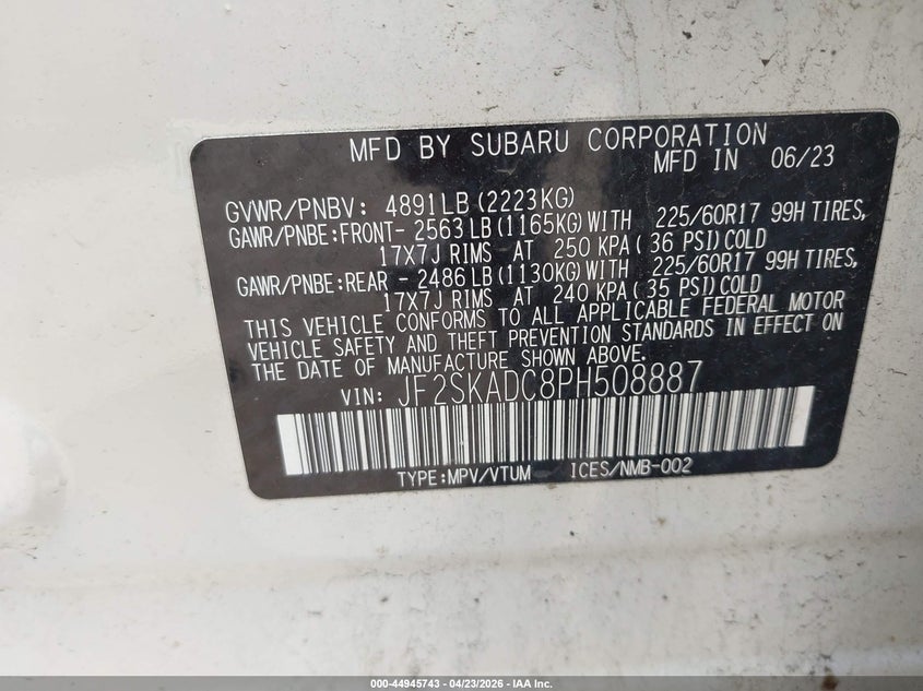 2023 Subaru Forester VIN JF2SKADC8PH508887 IAAI salvage auction — REAR END, Salvage Title, sold $4,150 on 2026-07-08 (photo 9)