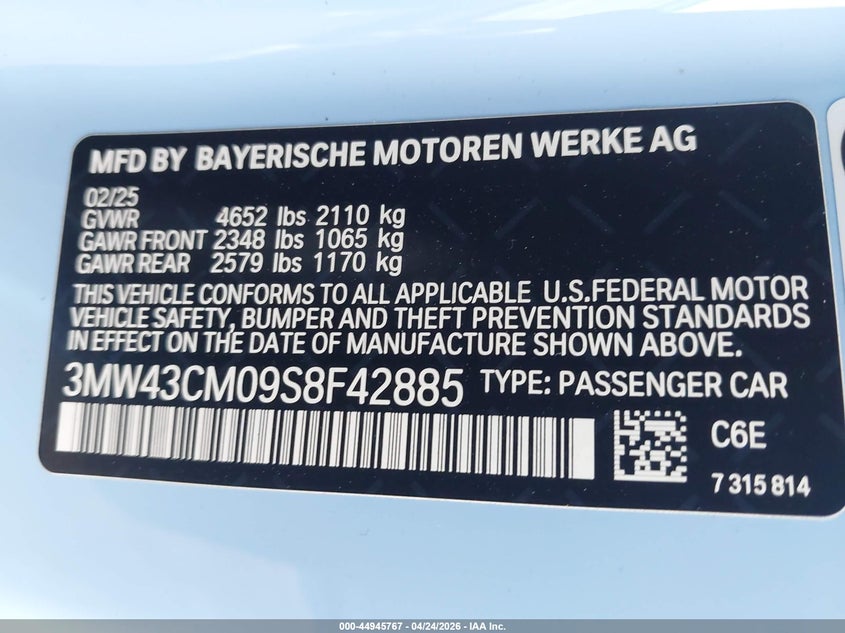 2025 BMW 2er VIN 3MW43CM09S8F42885 IAAI salvage auction — FRONT END, Salvage (Texas), sold $15,100 on 2026-07-22 (photo 9)