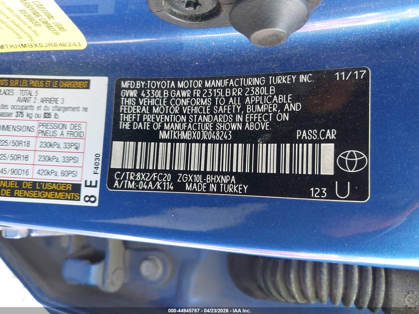 2018 Toyota C-hr VIN NMTKHMBX0JR048243 IAAI salvage auction — FRONT END, Salvage Title, sold $4,100 on 2026-07-13 (photo 9)