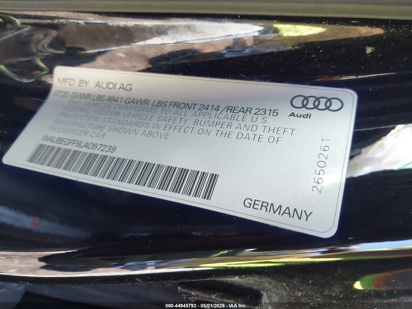 2020 Audi A3 VIN WAUBEGFF9LA097239 IAAI salvage auction — FRONT END, Wait Title, sold $3,325 on 2026-07-07 (photo 9)