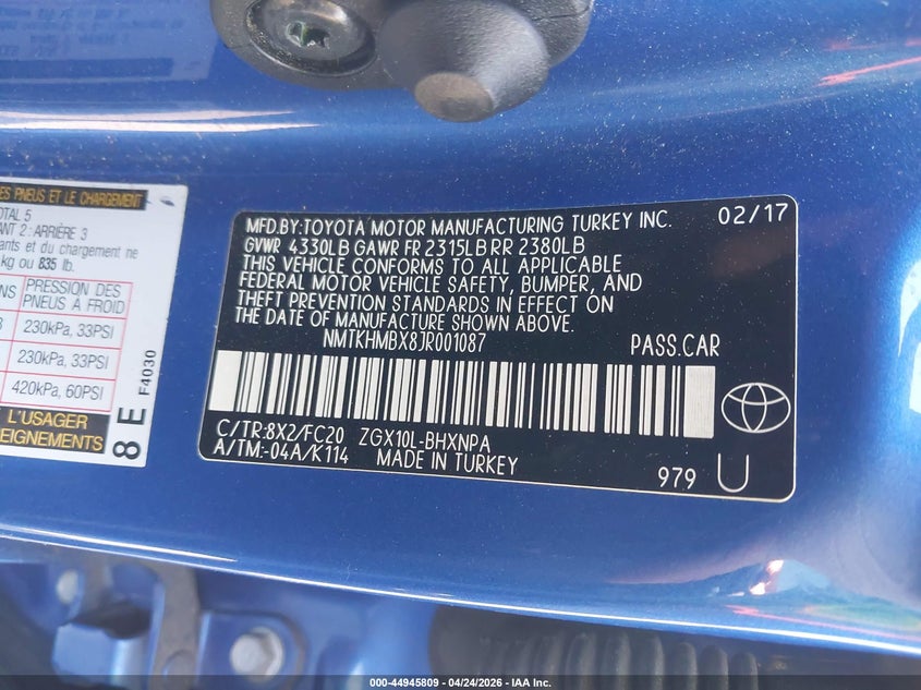 2018 Toyota C-hr VIN NMTKHMBX8JR001087 IAAI salvage auction — FRONT END, Salvage Title, sold $4,100 on 2026-07-21 (photo 9)