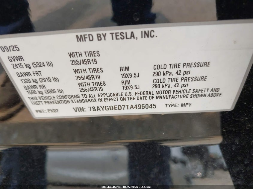 2026 Tesla Model y VIN 7SAYGDED7TA495045 IAAI salvage auction — RIGHT FRONT, Original (Texas), sold $17,350 on 2026-07-23 (photo 9)