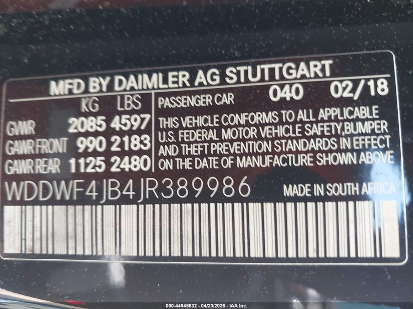 2018 Mercedes-benz C-klasse VIN WDDWF4JB4JR389986 IAAI salvage auction — FRONT END, Salvage Title, sold $5,600 on 2026-07-12 (photo 9)