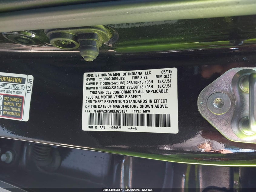 2019 Honda Cr-v VIN 7FARW2H58KE028137 IAAI salvage auction — RIGHT FRONT, Salvage (Nebraska), sold $8,700 on 2026-07-30 (photo 9)