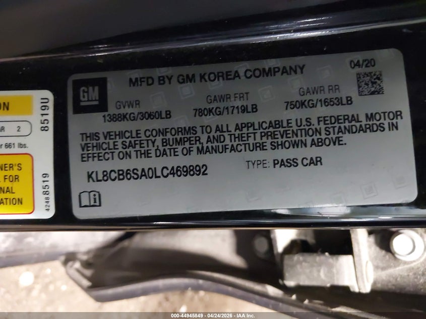 2020 Chevrolet Spark VIN KL8CB6SA0LC469892 IAAI salvage auction — FRONT END, Salvage Title, sold $475 on 2026-07-09 (photo 9)