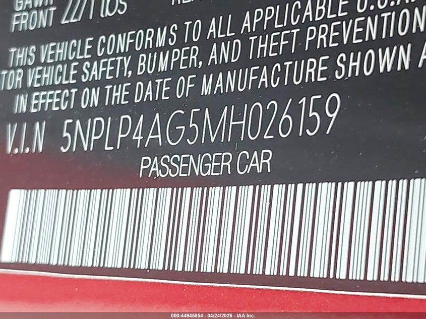 2021 Hyundai Elantra VIN 5NPLP4AG5MH026159 IAAI salvage auction — FRONT END, Salvage Title, sold $4,350 on 2026-07-31 (photo 9)