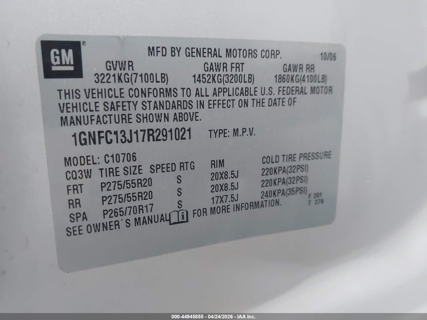 2007 Chevrolet Tahoe VIN 1GNFC13J17R291021 IAAI salvage auction — SIDE, Original (Texas), sold $1,050 on 2026-07-09 (photo 9)