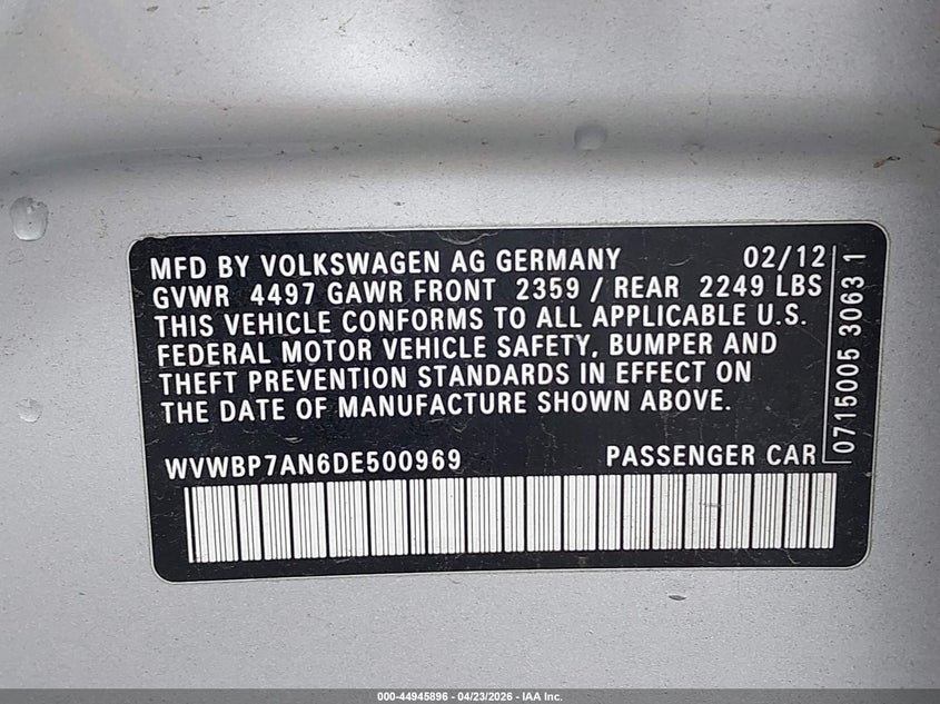 2013 Volkswagen Passat cc VIN WVWBP7AN6DE500969 IAAI salvage auction — SIDE, Salvage Title, sold $625 on 2026-07-16 (photo 9)