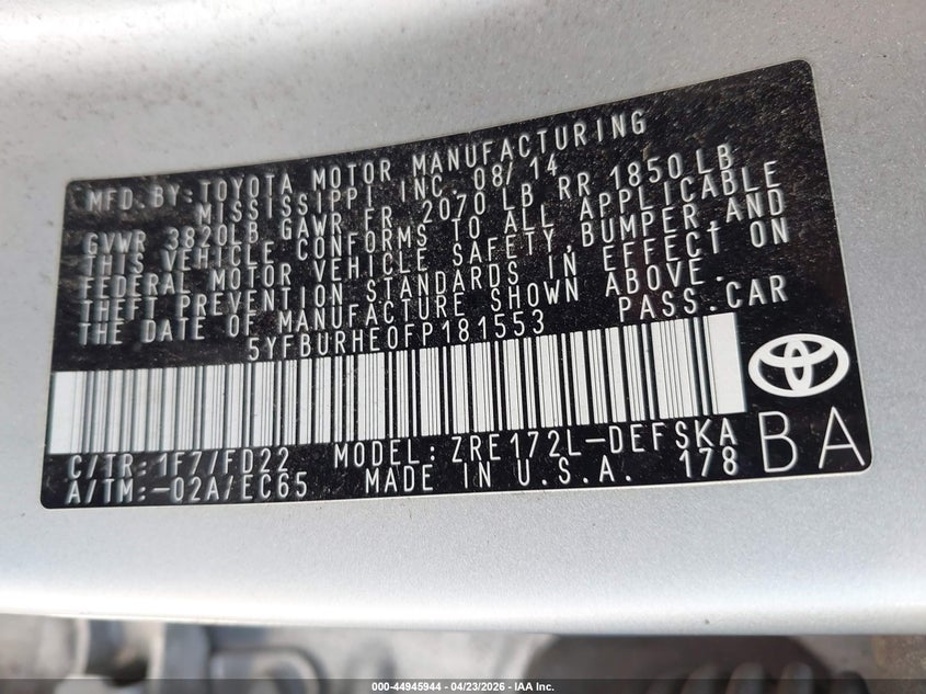 2015 Toyota Corolla VIN 5YFBURHE0FP181553 IAAI salvage auction — LEFT REAR, Salvage (Texas), sold $1,200 on 2026-07-30 (photo 9)