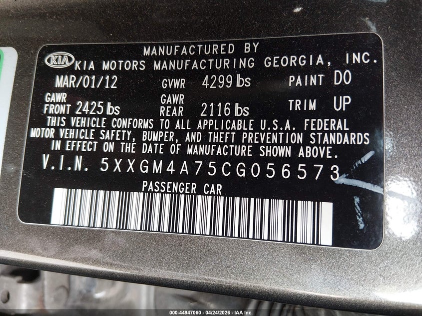 2012 Kia Optima VIN 5XXGM4A75CG056573 IAAI salvage auction — REAR END, Salvage (New Jersey), sold $25 on 2026-07-30 (photo 9)