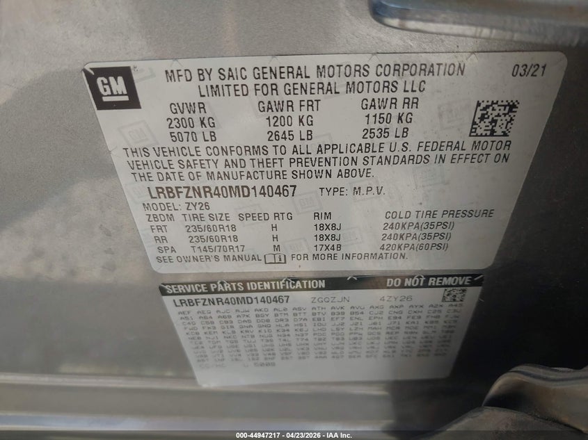 2021 Buick Envision VIN LRBFZNR40MD140467 IAAI salvage auction — FRONT END, Wait Title, sold $4,800 on 2026-07-27 (photo 9)
