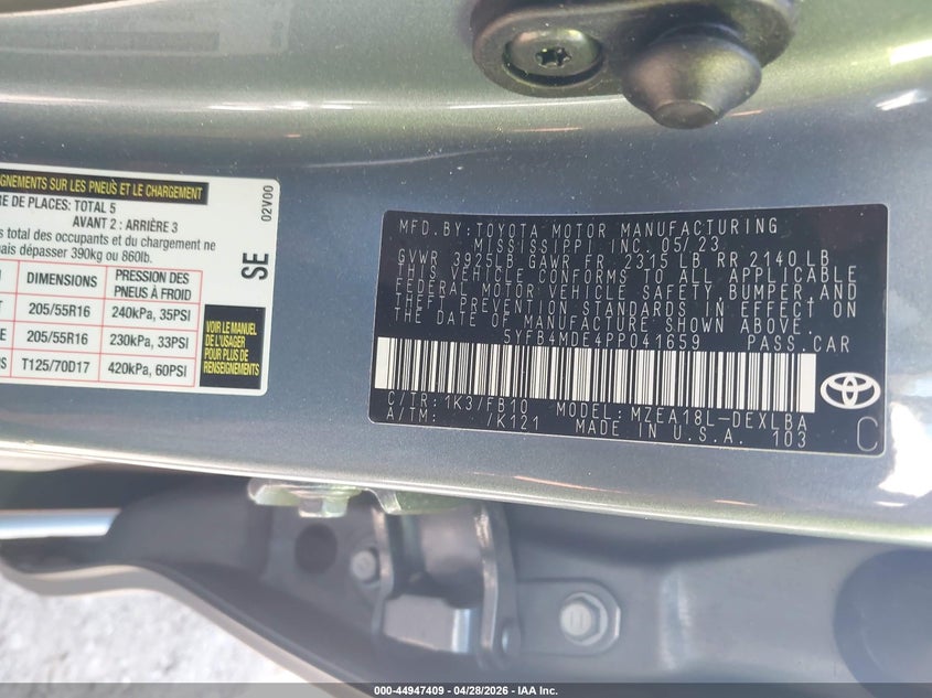 2023 Toyota Corolla VIN 5YFB4MDE4PP041659 IAAI salvage auction — RIGHT FRONT, Salvage (Massachusetts), sold $5,200 on 2026-07-24 (photo 9)