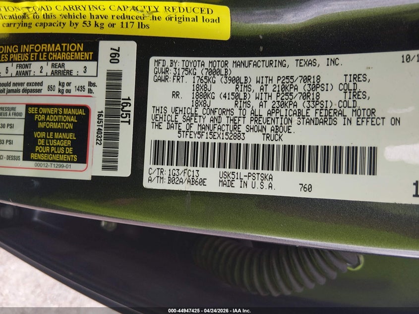 2014 Toyota Tundra VIN 5TFEY5F15EX152883 IAAI salvage auction — REAR END, Salvage Title, sold $4,300 on 2026-07-08 (photo 9)