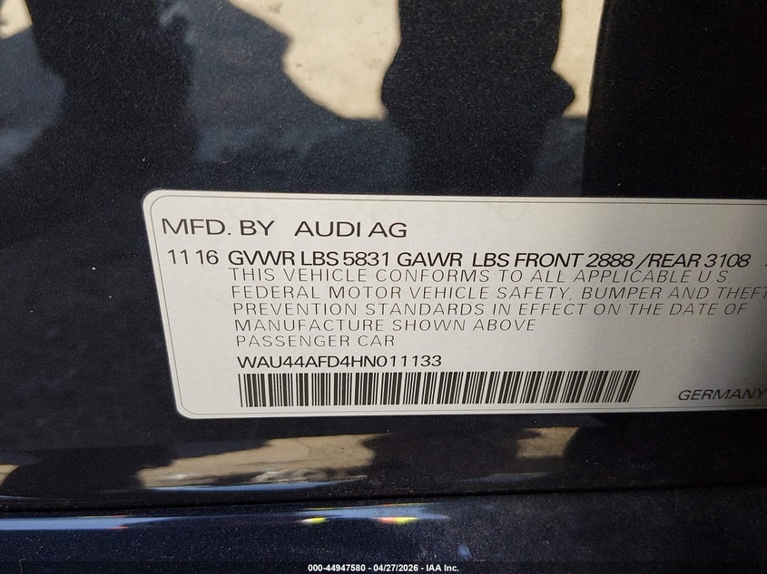 2017 Audi A8 VIN WAU44AFD4HN011133 IAAI salvage auction — LEFT REAR, Salvage Title, sold $5,150 on 2026-07-20 (photo 9)