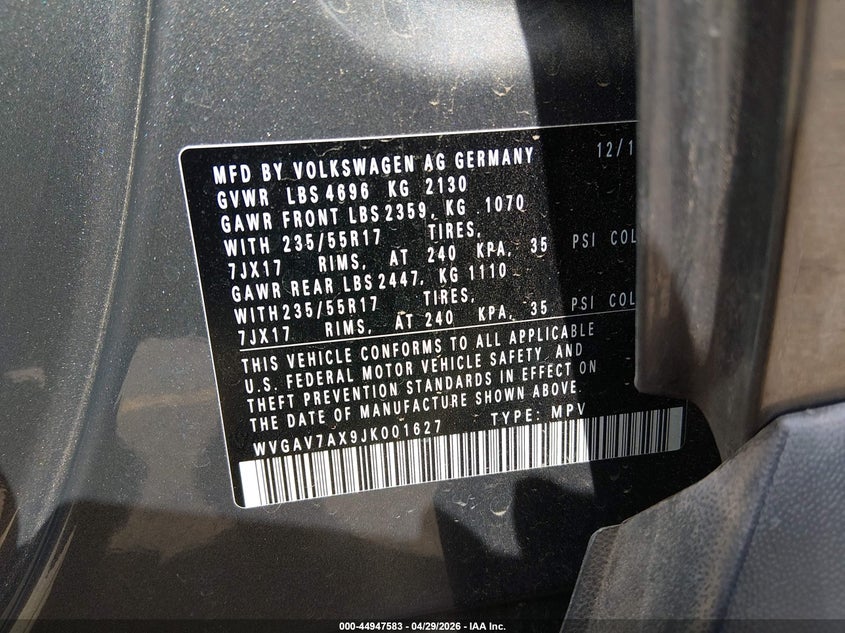 2018 Volkswagen Tiguan VIN WVGAV7AX9JK001627 IAAI salvage auction — UNDERCARRIAGE, Salvage (Colorado), sold $850 on 2026-07-21 (photo 9)