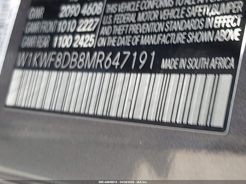 2021 Mercedes-benz C-klasse VIN W1KWF8DB8MR647191 IAAI salvage auction — FRONT & REAR, Salvage (Texas), sold $3,150 on 2026-07-30 (photo 9)