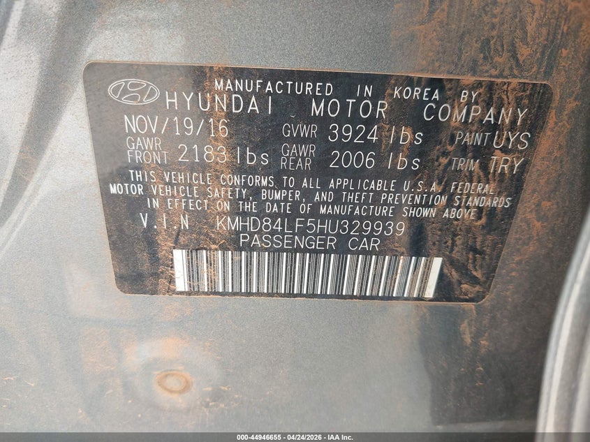 2017 Hyundai Elantra VIN KMHD84LF5HU329939 IAAI salvage auction — LEFT SIDE, Clear (Oklahoma), sold $1,950 on 2026-07-15 (photo 9)
