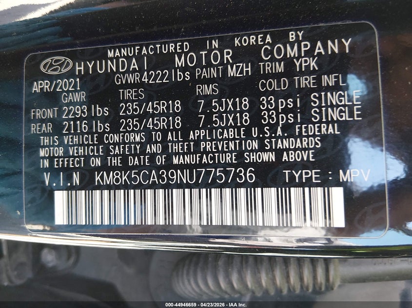 2022 Hyundai Kona VIN KM8K5CA39NU775736 IAAI salvage auction — REAR END, Wait Title, sold $4,300 on 2026-07-14 (photo 9)