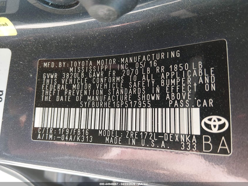 2016 Toyota Corolla VIN 5YFBURHE1GP517955 IAAI salvage auction — FRONT END, Salvage Title, sold $2,950 on 2026-07-19 (photo 9)