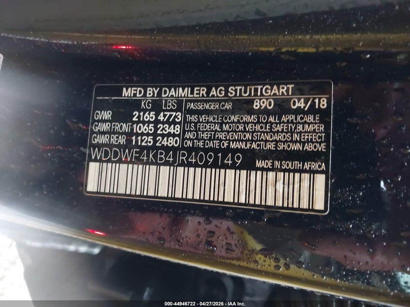 2018 Mercedes-benz C-klasse VIN WDDWF4KB4JR409149 IAAI salvage auction — FRONT END, Salvage Title, sold $3,150 on 2026-07-29 (photo 9)