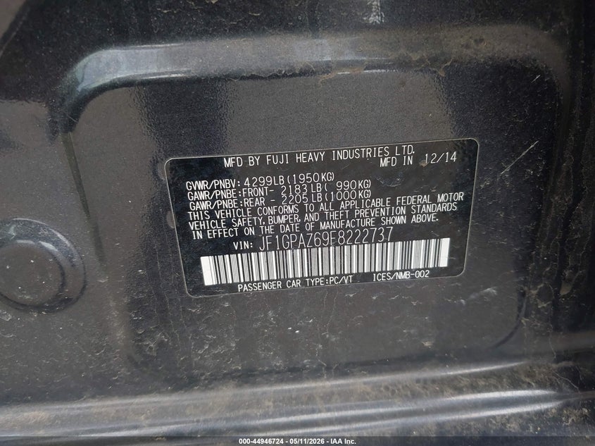 2015 Subaru Impreza VIN JF1GPAZ69F8222737 IAAI salvage auction — LEFT & RIGHT, Salvage (Idaho), sold $1,050 on 2026-07-20 (photo 9)