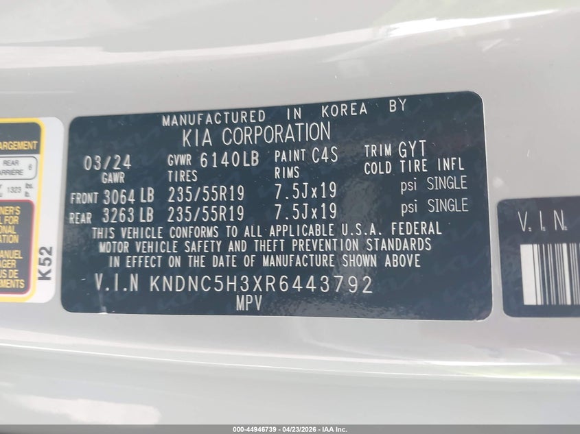 2024 Kia Carnival VIN KNDNC5H3XR6443792 IAAI salvage auction — REAR END, Salvage Title, sold $9,900 on 2026-07-22 (photo 9)