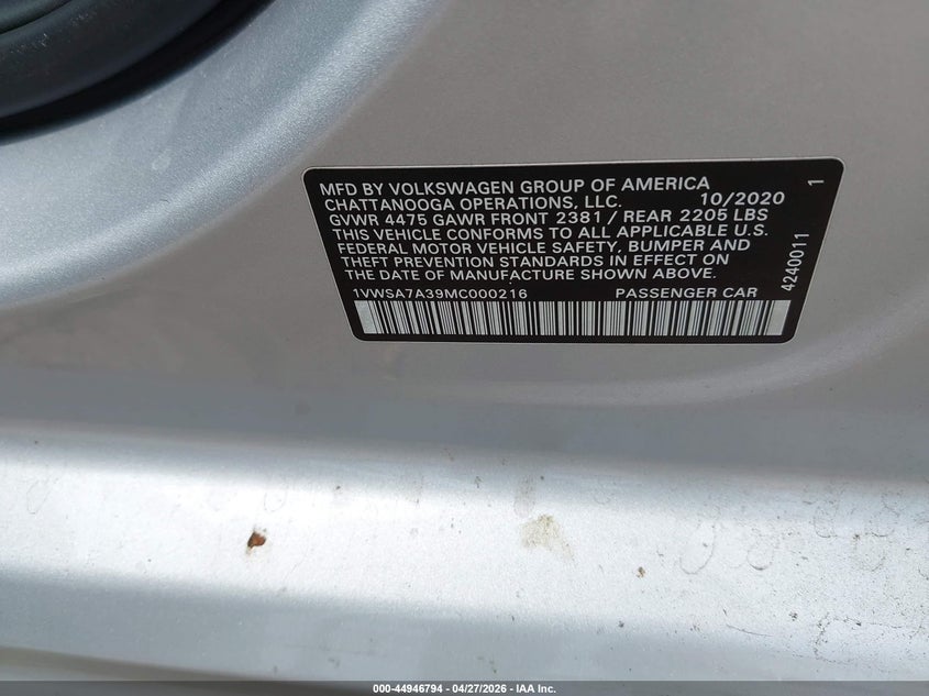 2021 Volkswagen Passat VIN 1VWSA7A39MC000216 IAAI salvage auction — FRONT END, Salvage Title, sold $2,950 on 2026-07-21 (photo 9)