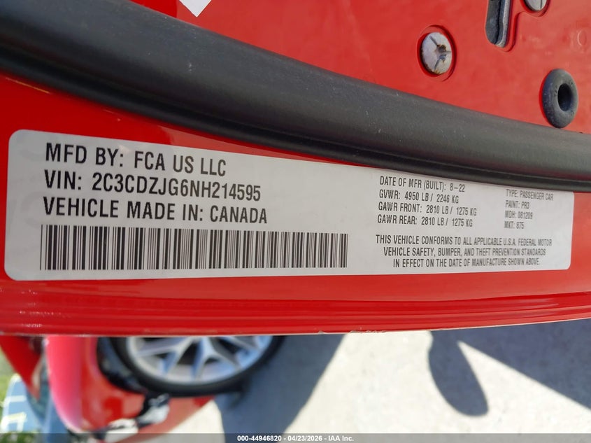 2022 Dodge Challenger VIN 2C3CDZJG6NH214595 IAAI salvage auction — FRONT END, Salvage Title, sold $2,250 on 2026-08-02 (photo 9)
