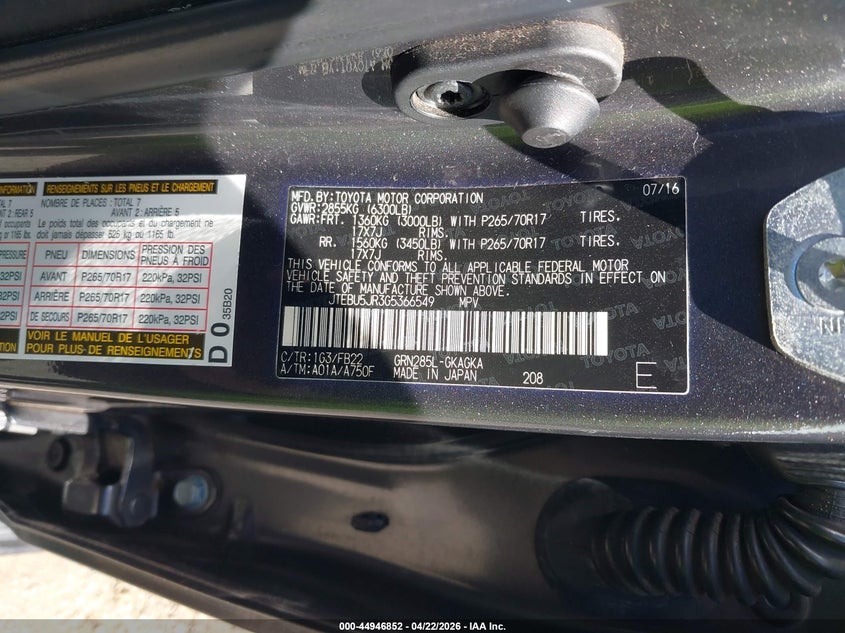 2016 Toyota 4runner VIN JTEBU5JR3G5366549 IAAI salvage auction — FRONT END, Salvage (Hawaii), sold $9,475 on 2026-07-14 (photo 9)