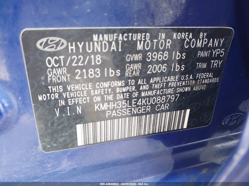 2019 Hyundai Elantra VIN KMHH35LE4KU088797 IAAI salvage auction — LEFT FRONT, Clear (Oklahoma), sold $1,250 on 2026-07-07 (photo 9)