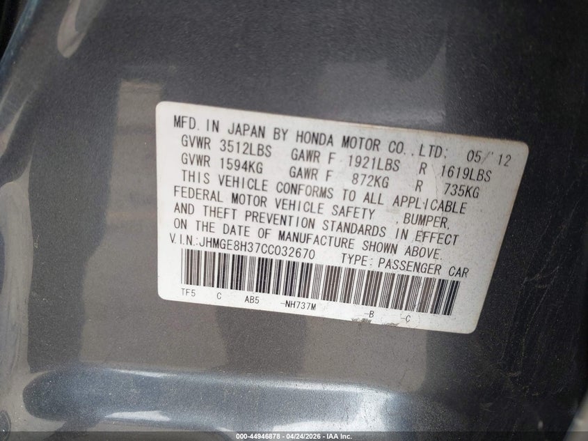2012 Honda Fit VIN JHMGE8H37CC032670 IAAI salvage auction — FRONT END, Salvage Title, sold $975 on 2026-07-26 (photo 9)