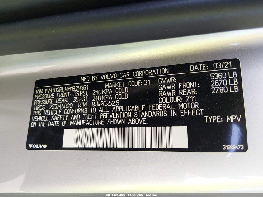 2021 Volvo Xc60 VIN YV4102RL8M1829361 IAAI salvage auction — REAR END, Salvage Title, sold $8,100 on 2026-07-22 (photo 9)