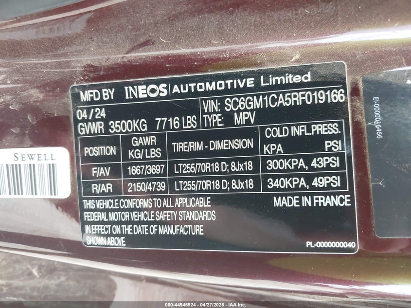 2024 Ineos Grenadier VIN SC6GM1CA5RF019166 IAAI salvage auction — SIDE, Salvage Title, sold $21,350 on 2026-07-20 (photo 9)