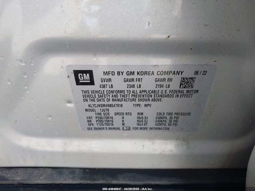 2022 Chevrolet Trax VIN KL7CJNSM4NB547918 IAAI salvage auction — FRONT END, Salvage (Indiana), sold $1,750 on 2026-07-23 (photo 9)